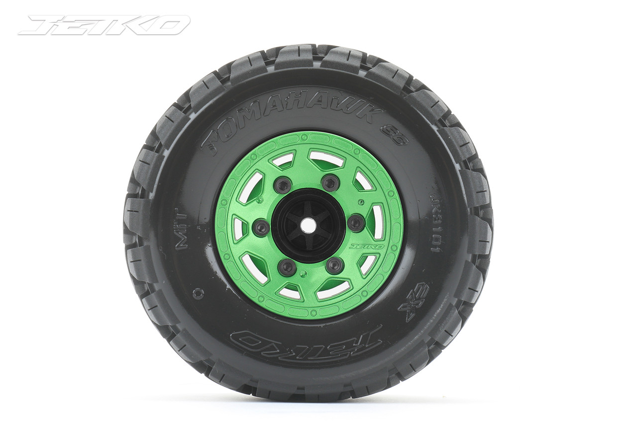 Jetko 1/10 SC EX-Tomahawk Tires Mounted on Green Claw Rims, Medium Soft, Glued, 12mm 0" Offset Narrow