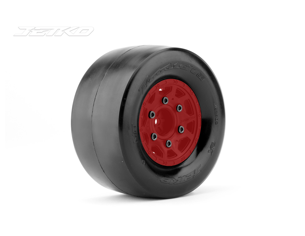 Jetko 1/10 DR Booster RR Narrow Rear Tires, Ultra Soft, Belted, Mounted on Red Claw Rims, 0 Offset
