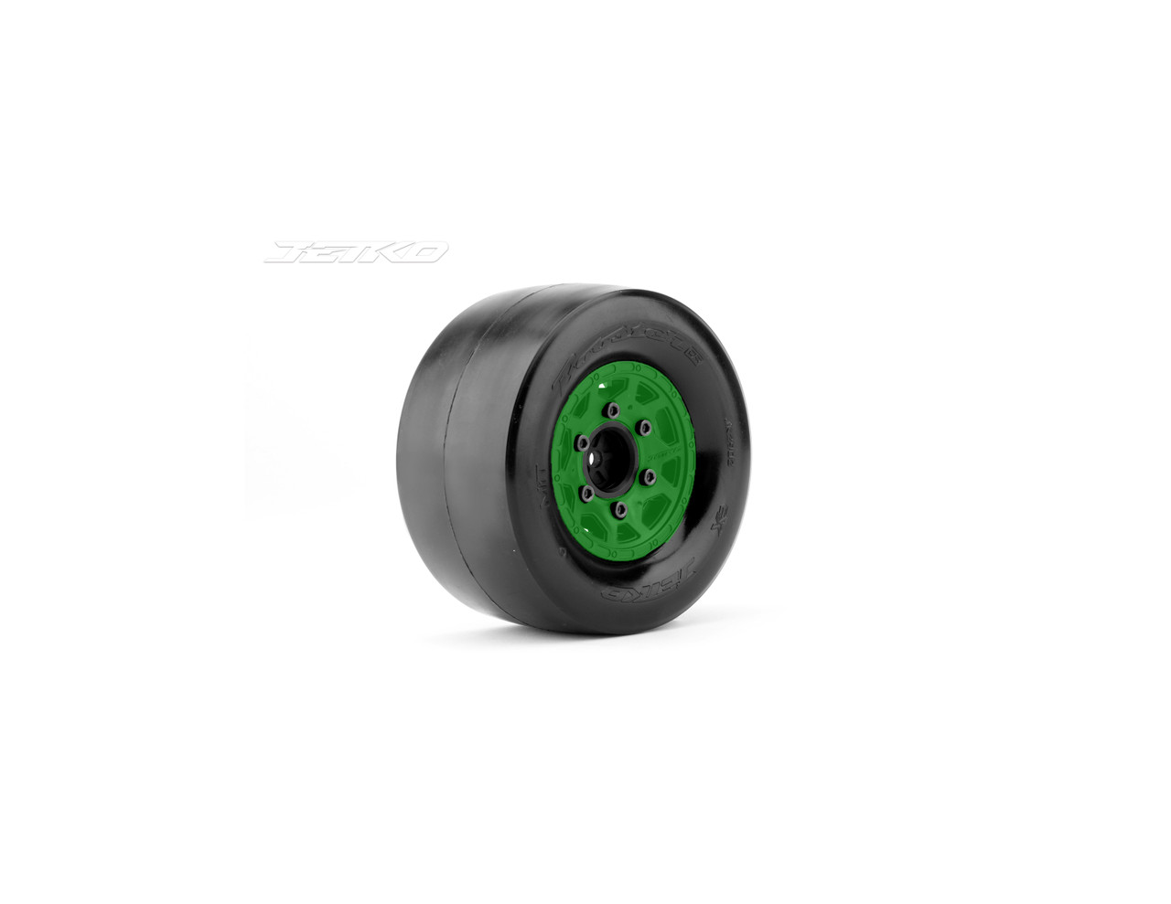 Jetko 1/10 DR Booster RR Narrow Rear Tires, Ultra Soft, Belted, Mounted on Green Claw Rims, 0 Offset