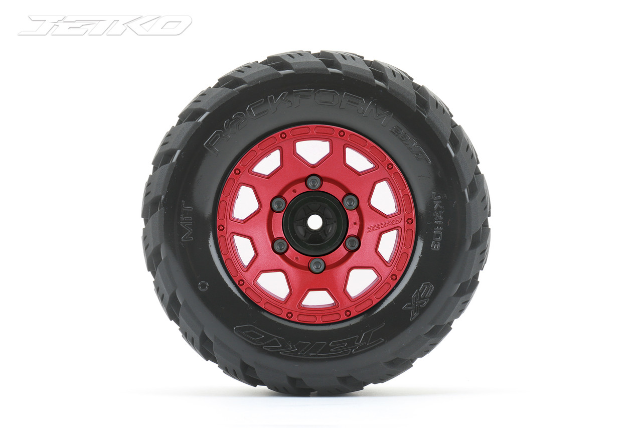 Jetko 1/10 MT 2.8 EX-Rockform Tires Mounted on Red Claw Rims, Medium Soft, Glued, 14mm, for Arrma