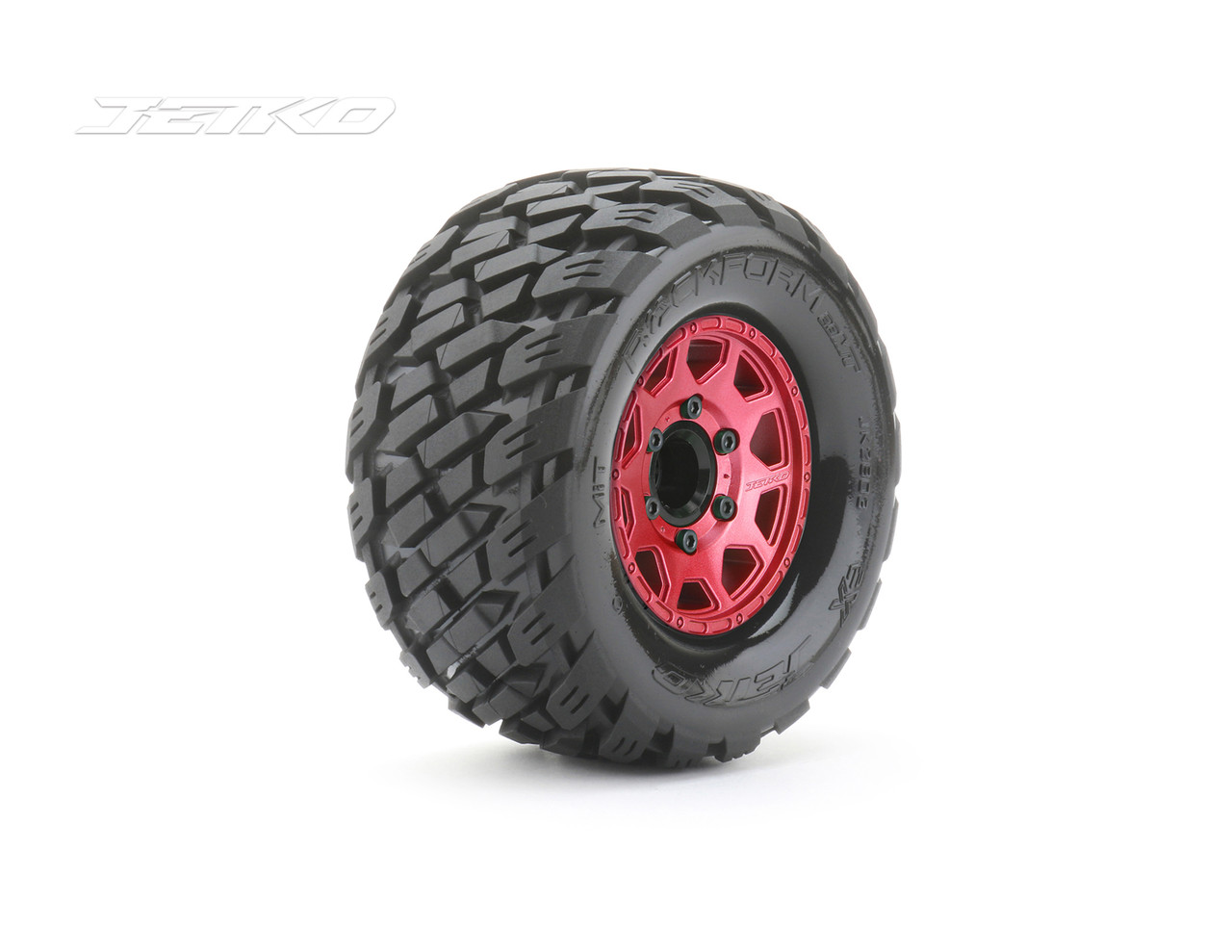 Jetko 1/10 MT 2.8 EX-Rockform Tires Mounted on Red Claw Rims, Medium Soft, Glued, 14mm, for Arrma