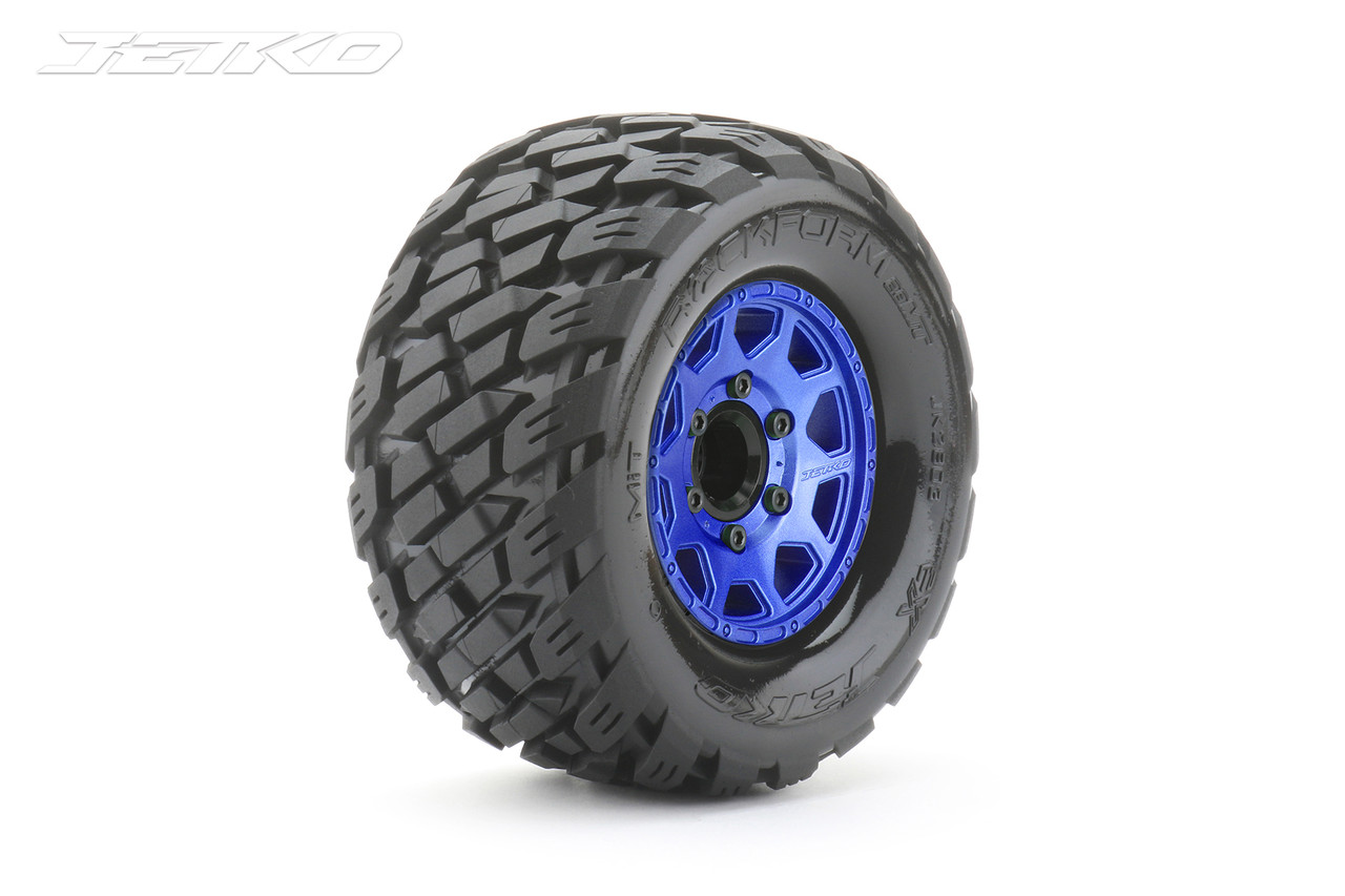 Jetko 1/10 MT 2.8 EX-Rockform Tires Mounted on Metal Blue Claw Rims, Medium Soft, Glued, 12mm 0" Offset