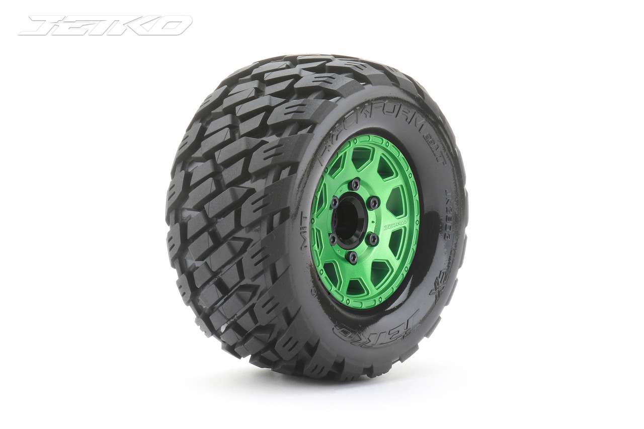Jetko 1/10 MT 2.8 EX-Rockform Tires Mounted on Green Claw Rims, Medium Soft, Glued, 12mm 1/2" Offset