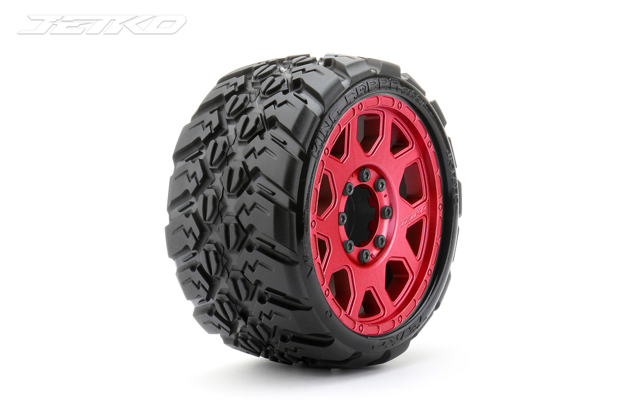 Jetko 1/8 SGT 3.8 EX-King Cobra, Mounted on Red Claw Rim, Medium Soft, Belted, Glued, 12mm Wide