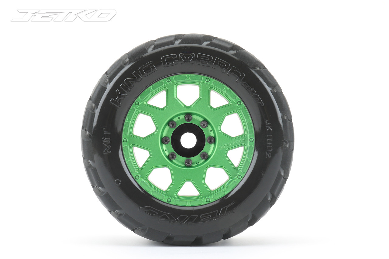 Jetko 1/8 MT 3.8 EX-King Cobra, Mounted on Metal Green Claw Rim, Medium Soft, Belted, Glued, 17mm 0" Offset