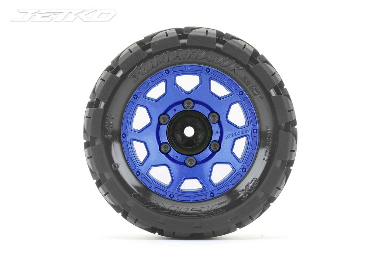 Jetko 1/10 ST 2.8 EX-Tomahawk Tires Mounted on Blue Claw Rims, Medium Soft, Glued, 17mm 