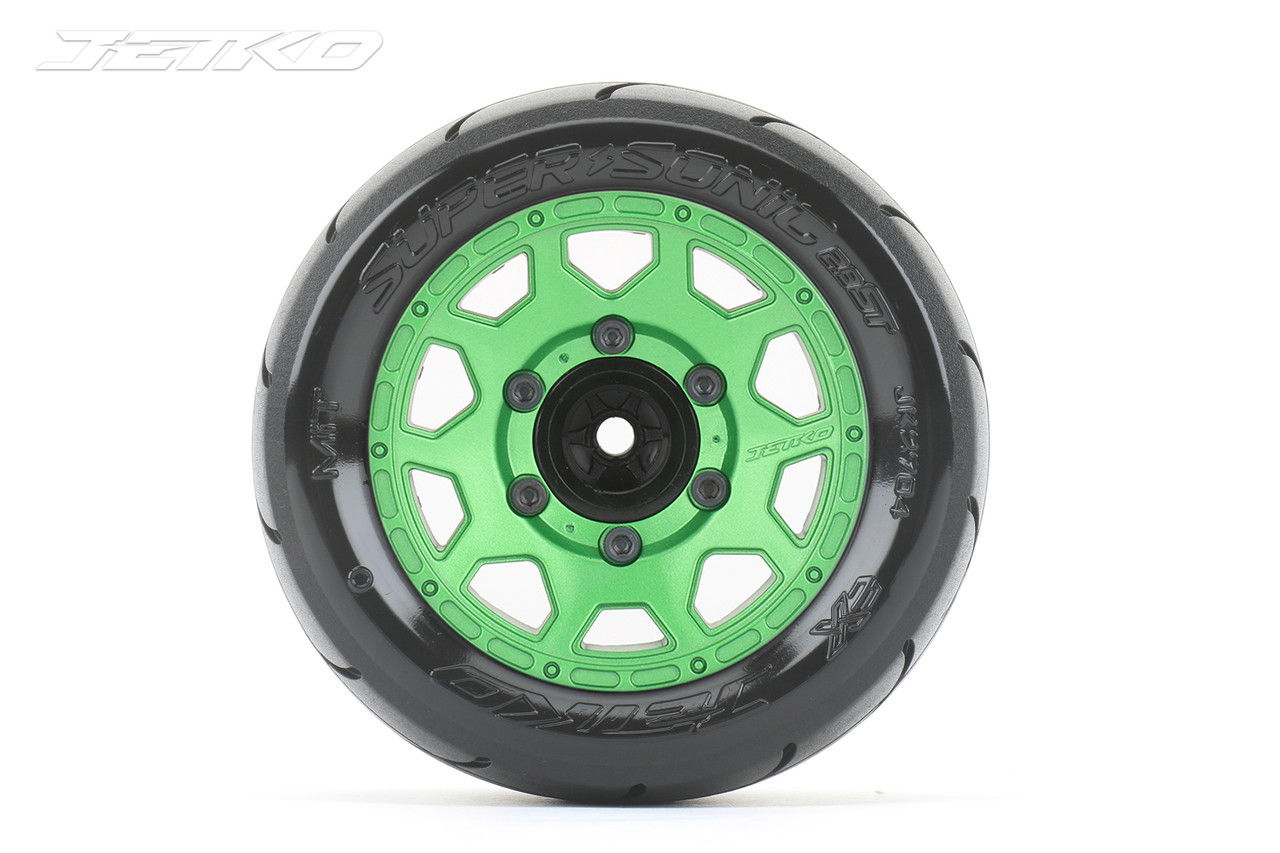 Jetko 1/10 ST 2.8 EX-Super Sonic Tires Mounted on Green Claw Rims, Medium Soft, Glued, 12mm 0" Offset