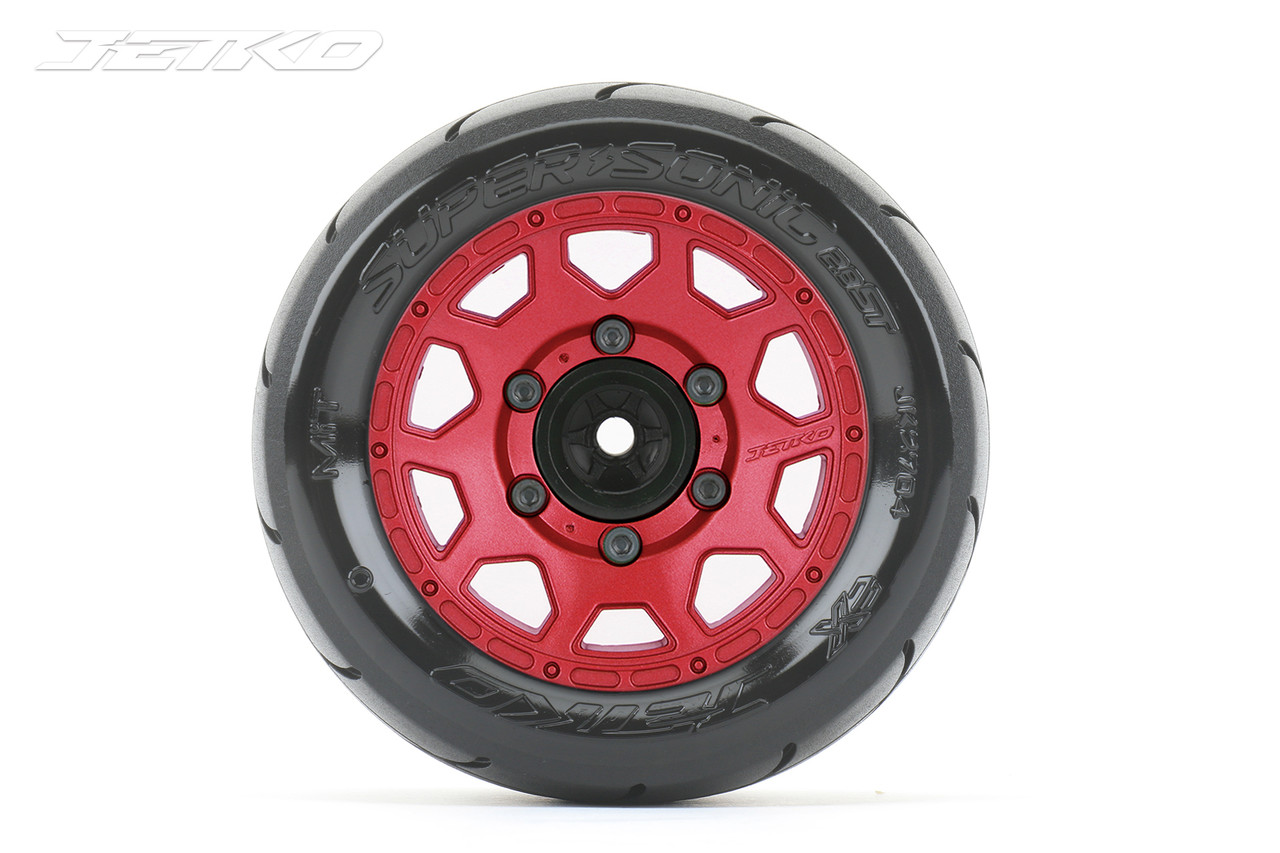 Jetko 1/10 ST 2.8 EX-Super Sonic Tires Mounted on Red Claw Rims, Medium Soft, Glued, 17mm