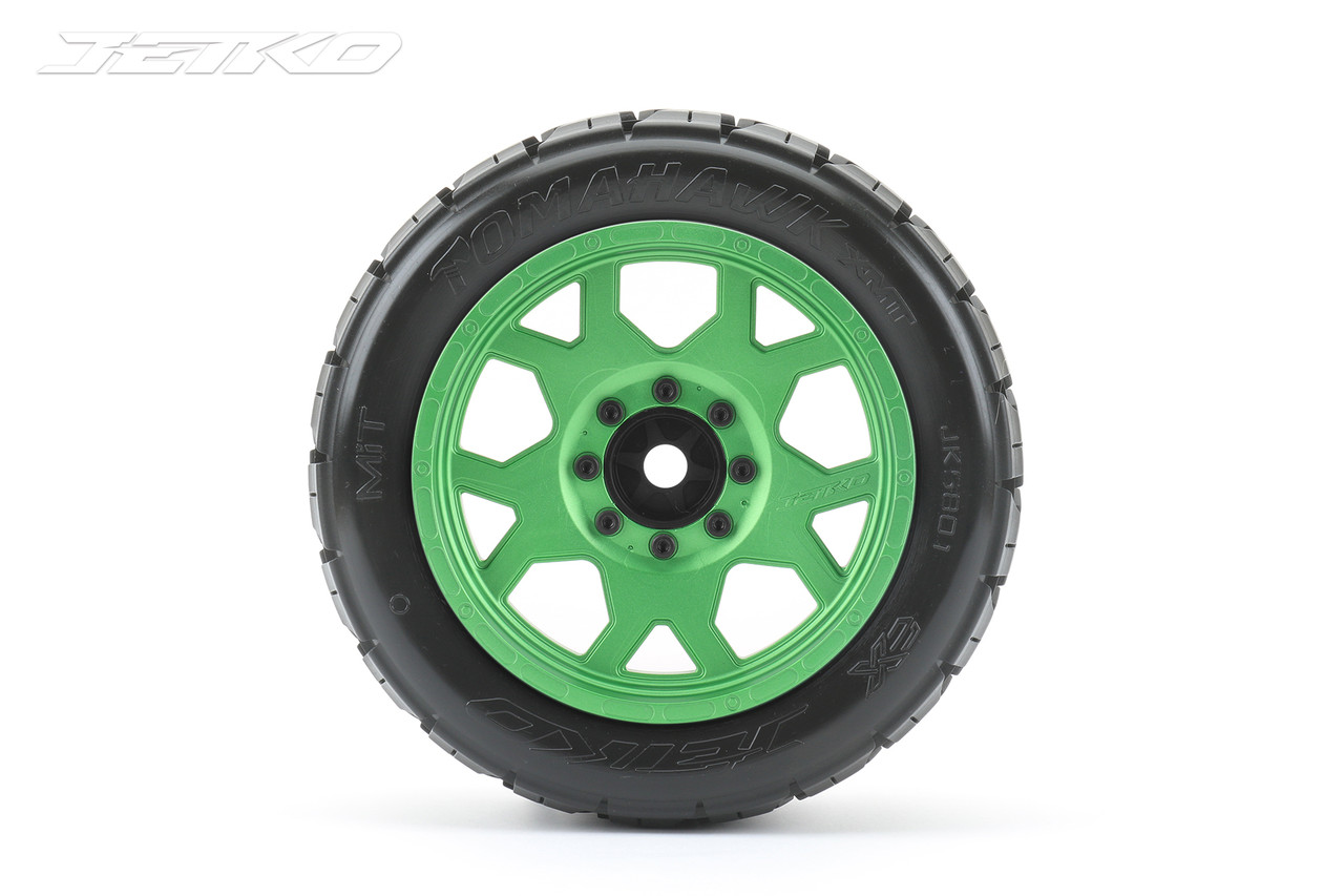 Jetko 1/10 MT 2.8 EX-Tomahawk Tires Mounted on Green Claw Rims, Medium Soft, Glued, 12mm 0" Offset