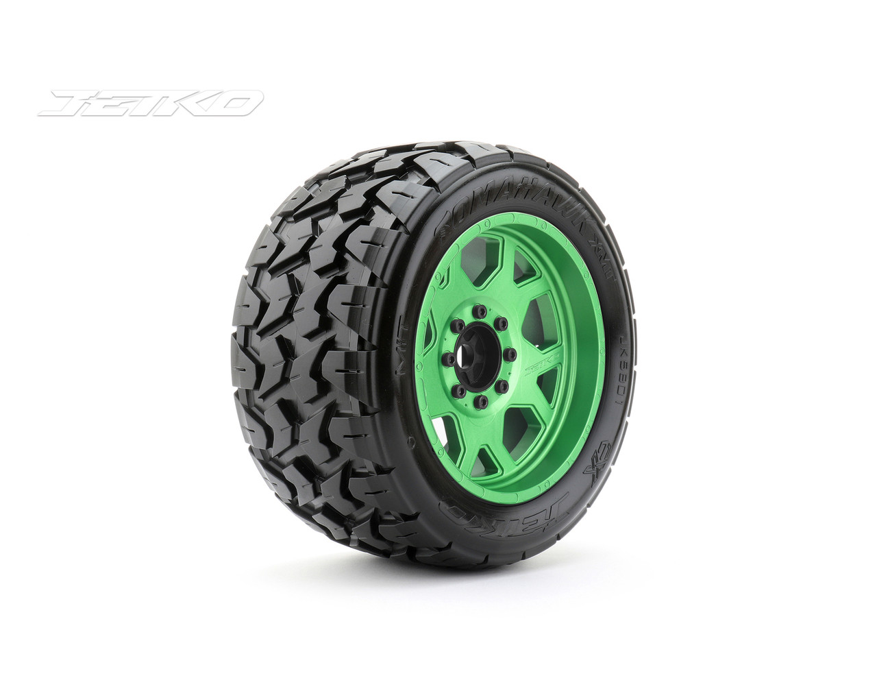 Jetko 1/10 MT 2.8 EX-Tomahawk Tires Mounted on Green Claw Rims, Medium Soft, Glued, 14mm, for Arrma