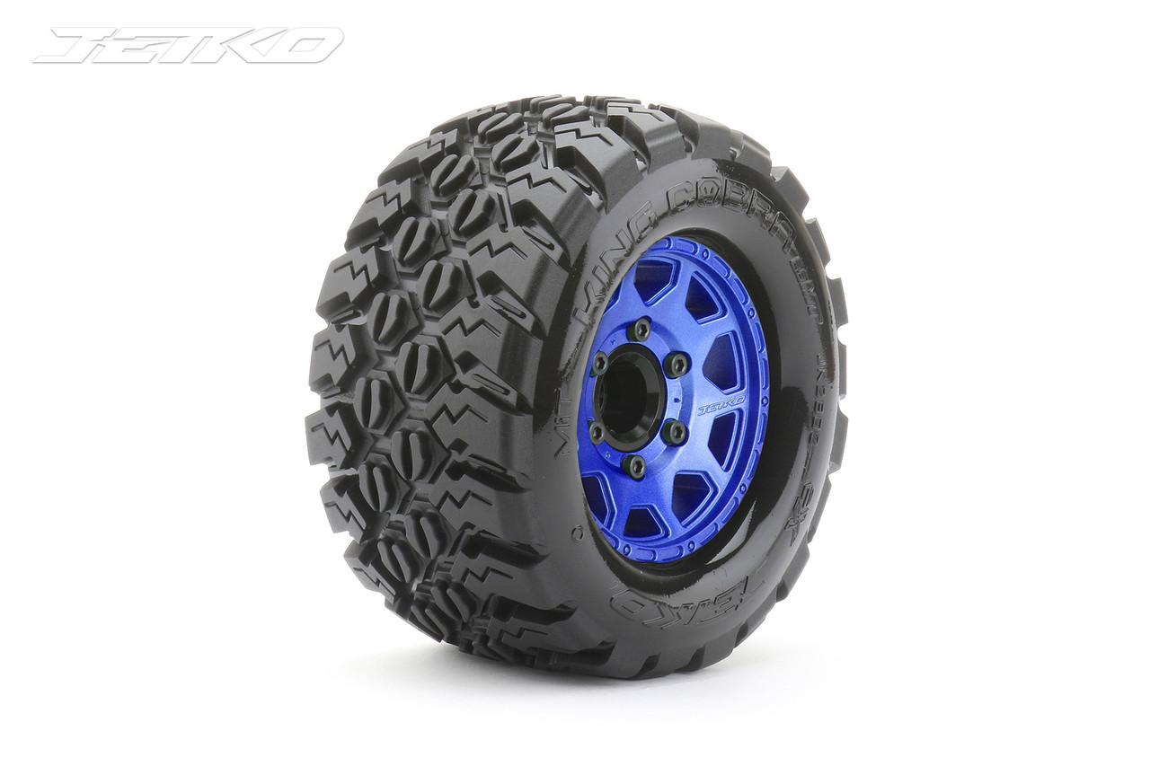 Jetko 1/10 MT 2.8 EX-King Cobra Tires Mounted on Blue Claw Rims, Medium Soft, Glued, 12mm 0" Offset