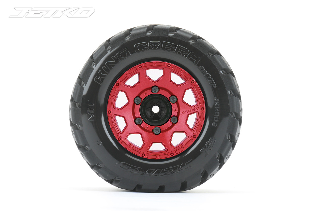 Jetko 1/10 MT 2.8 EX-King Cobra Tires Mounted on Red Claw Rims, Medium Soft, Glued, 17mm for Pro-MT