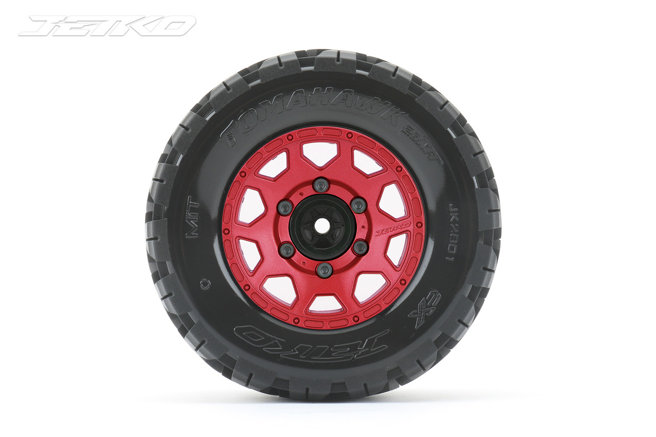 Jetko 1/10 MT 2.8 EX-Tomahawk Tires Mounted on Red Claw Rims, Medium Soft, Glued, 12mm 1/2" Offset