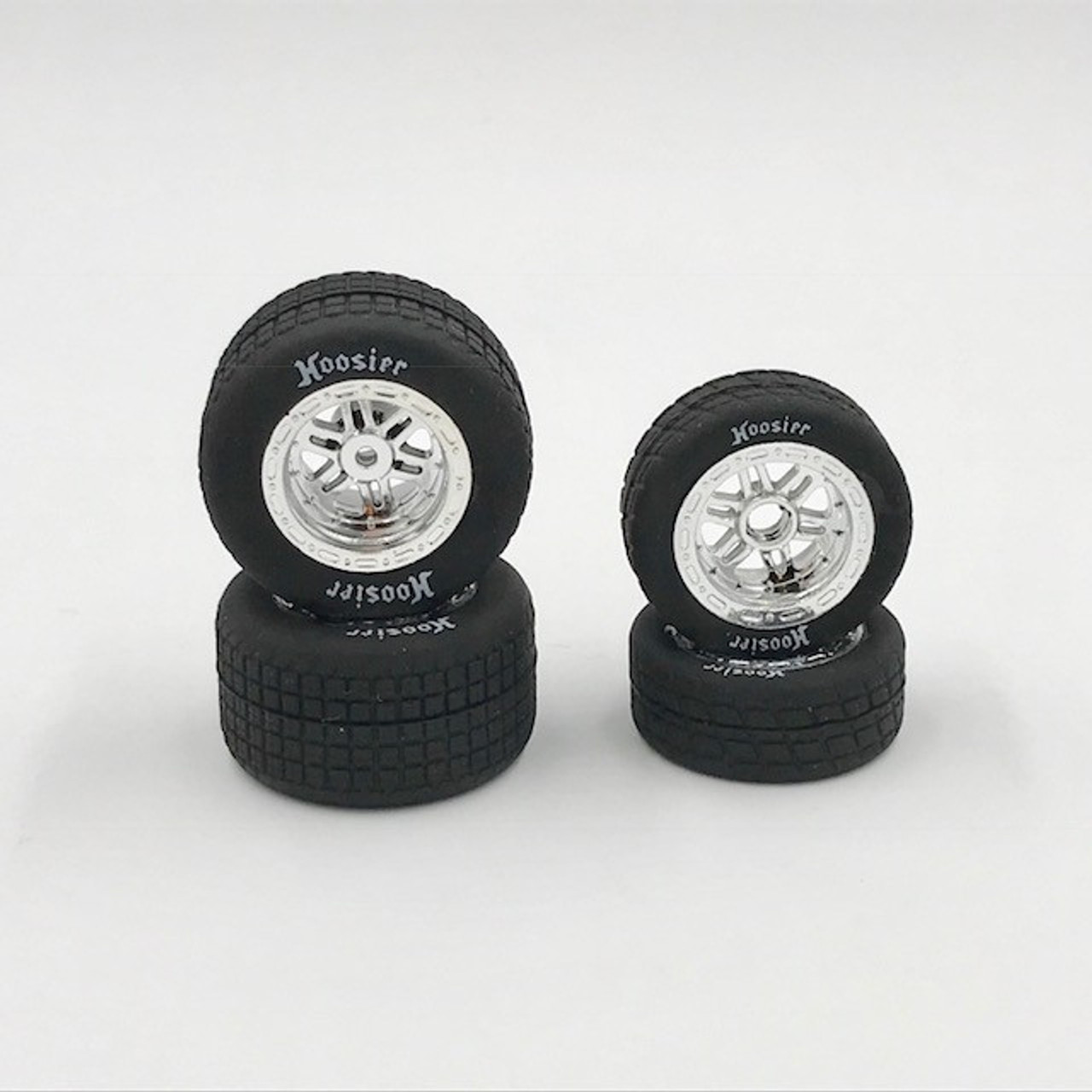 1RC Racing FR/RR Tires & Chrome Wheels, Hoosier, 1/18 Midget (4)