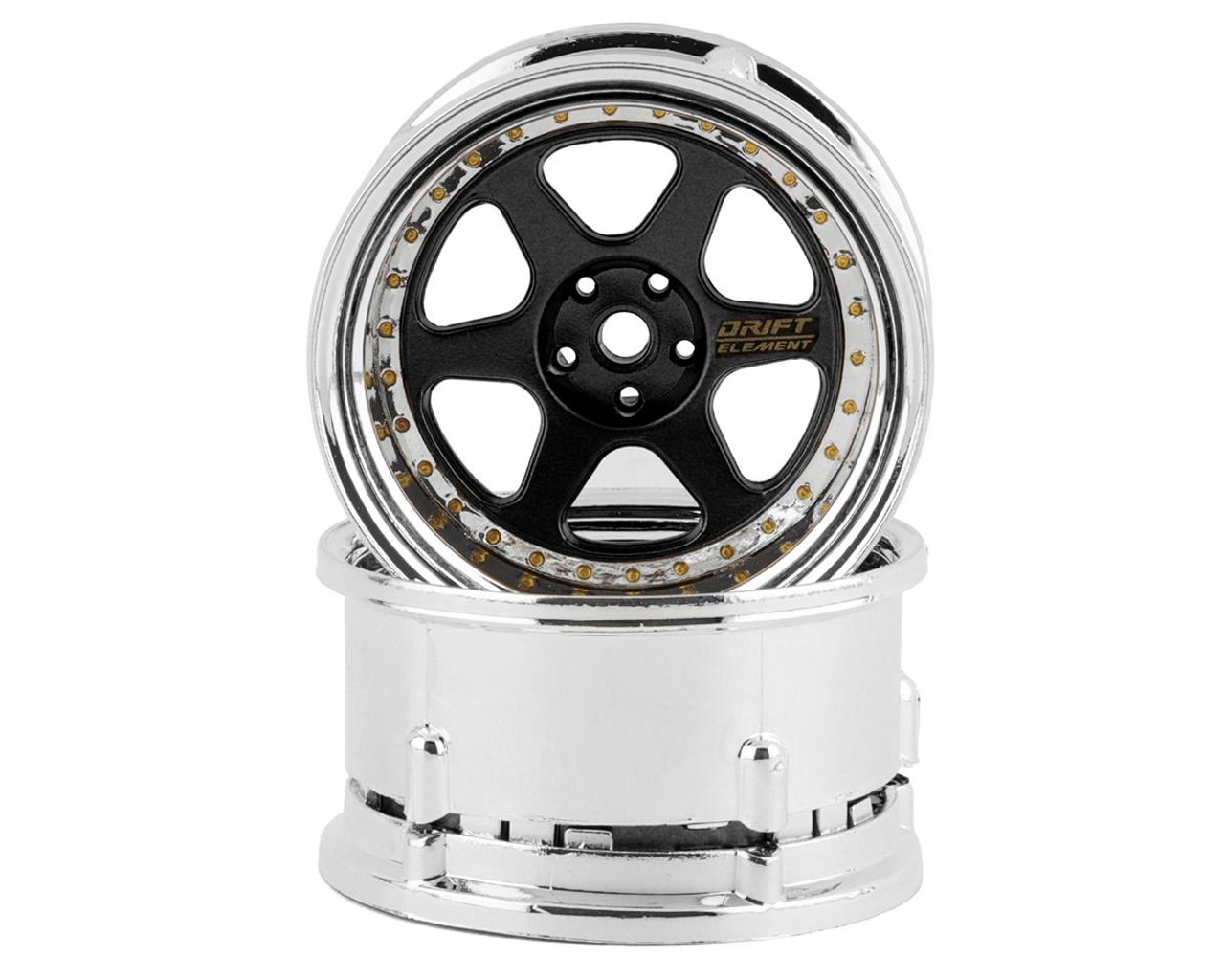 DS Racing Drift Element 6 Spoke Drift Wheels (Black & Chrome w/Gold Rivets) (2) (Adjustable Offset) w/12mm Hex