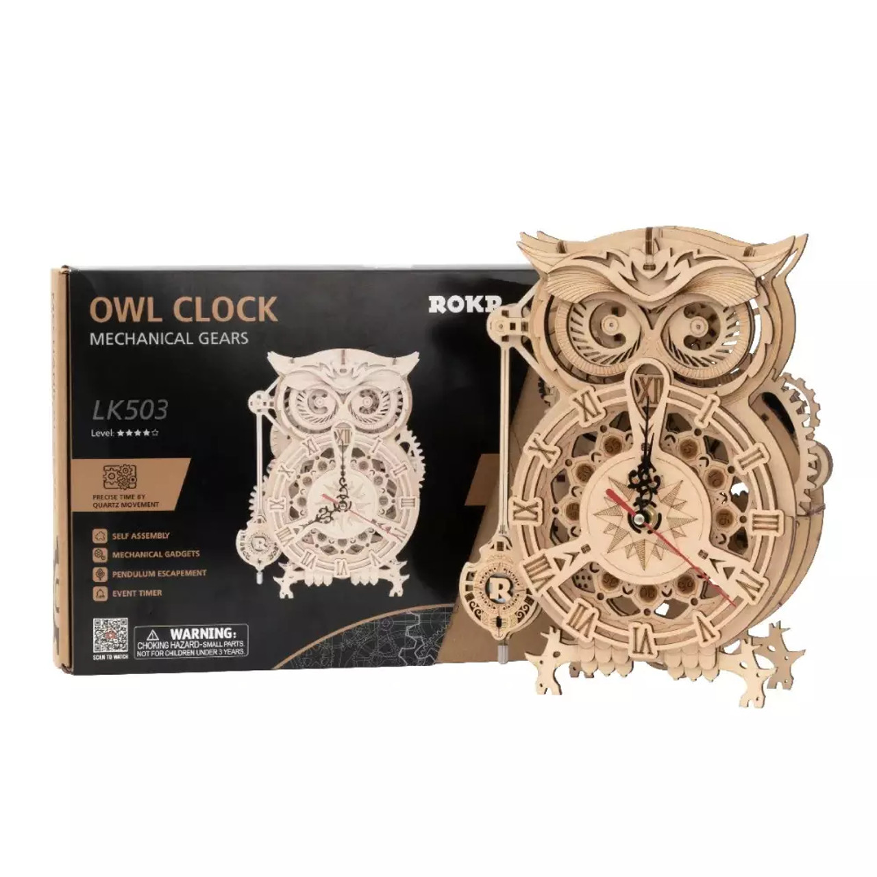 ROKR Owl Clock Mechanical Gears 3D Wooden Puzzle LK503