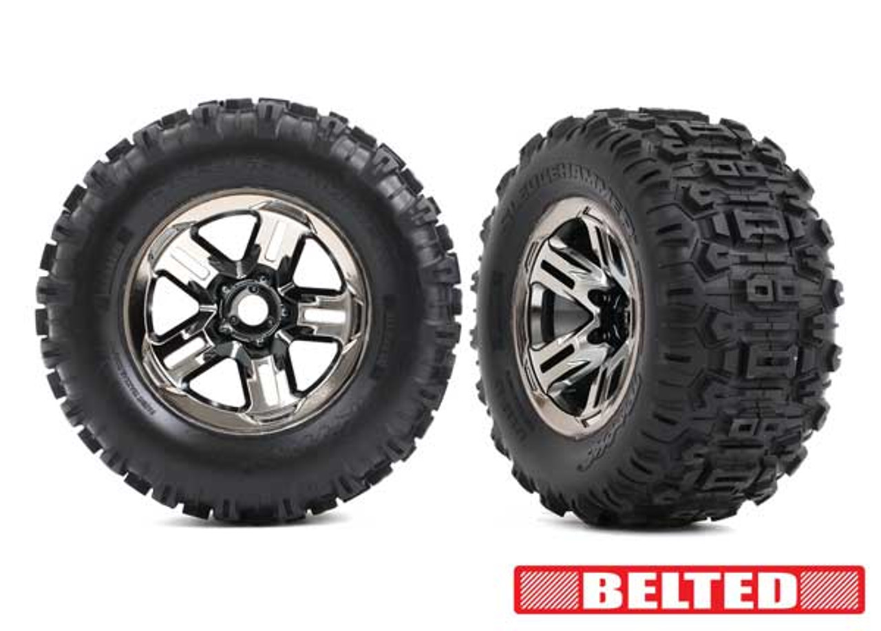 Traxxas 9573A Tires & wheels, assembled, glued (3.8" black chrome wheels, belted Sledgehammer® tires, foam inserts) (2)