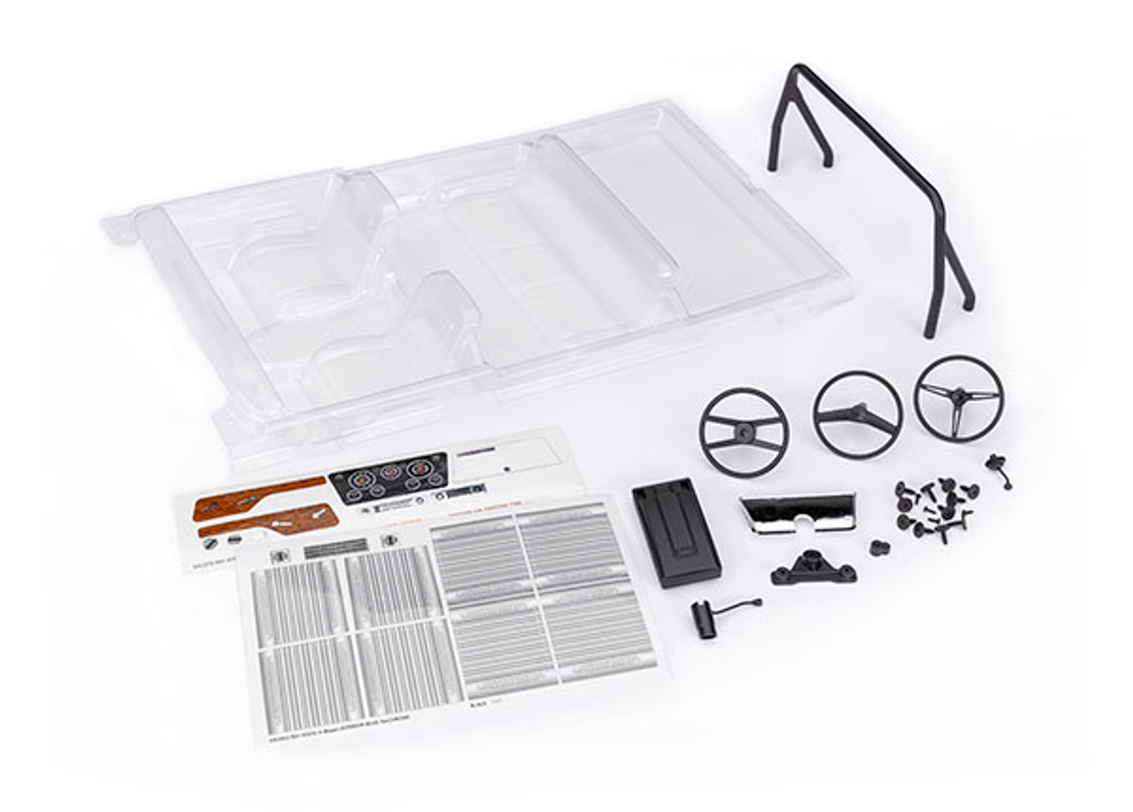 Traxxas 9114 Interior, Chevrolet Blazer (1969 -1972) (clear, requires painting) (includes rollbar, gauge bezel, steering wheel and column, shifter, armrest, decals) (fits #9111 and 9112 bodies) (requires #9128 body cage for installation)