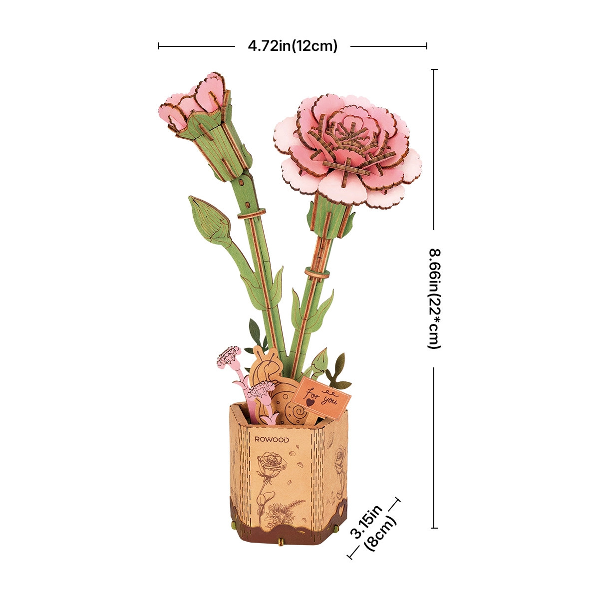 Rowood DIY Wooden Flower Bouquet 3D Wooden Puzzle Pink Carnation
