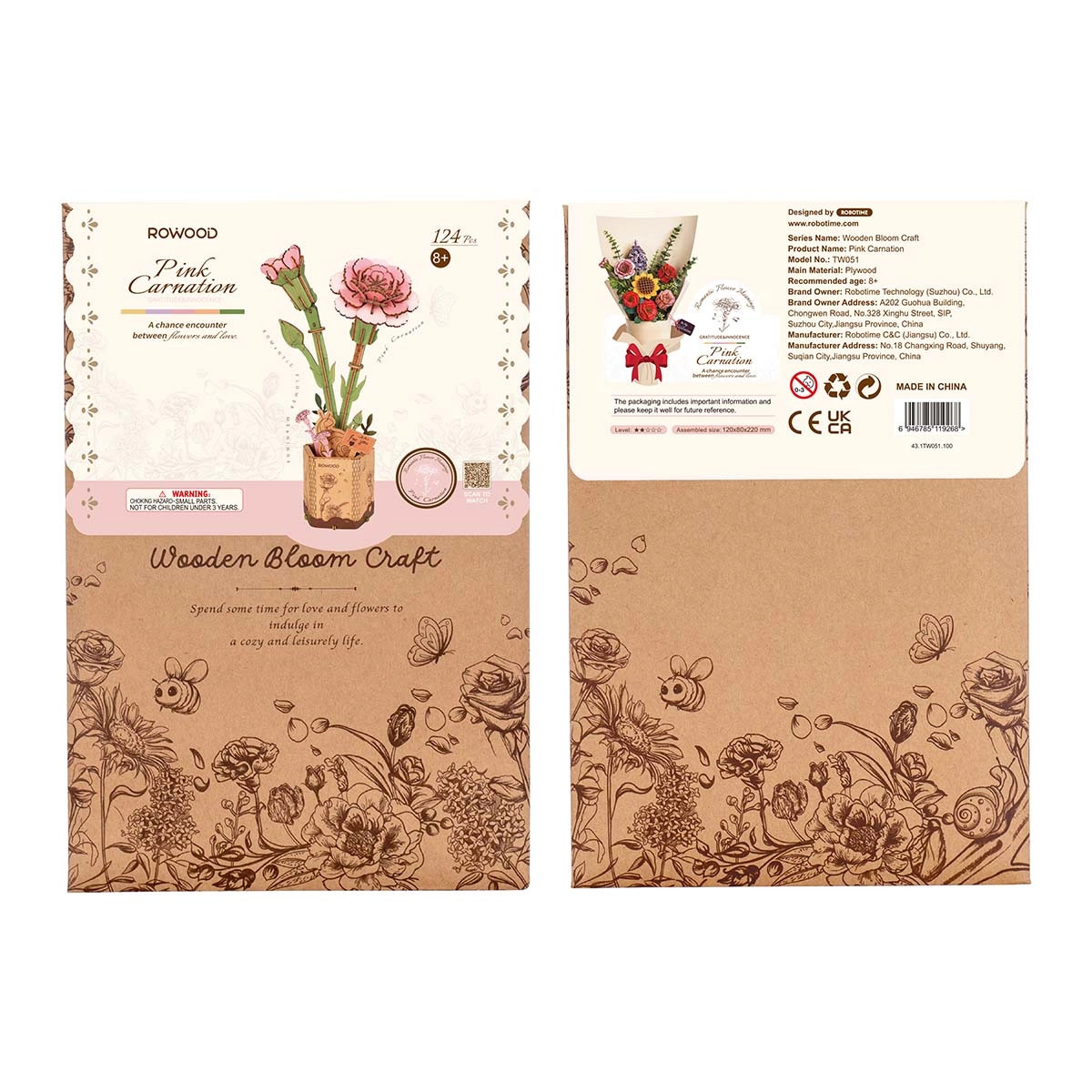 Rowood DIY Wooden Flower Bouquet 3D Wooden Puzzle Pink Carnation