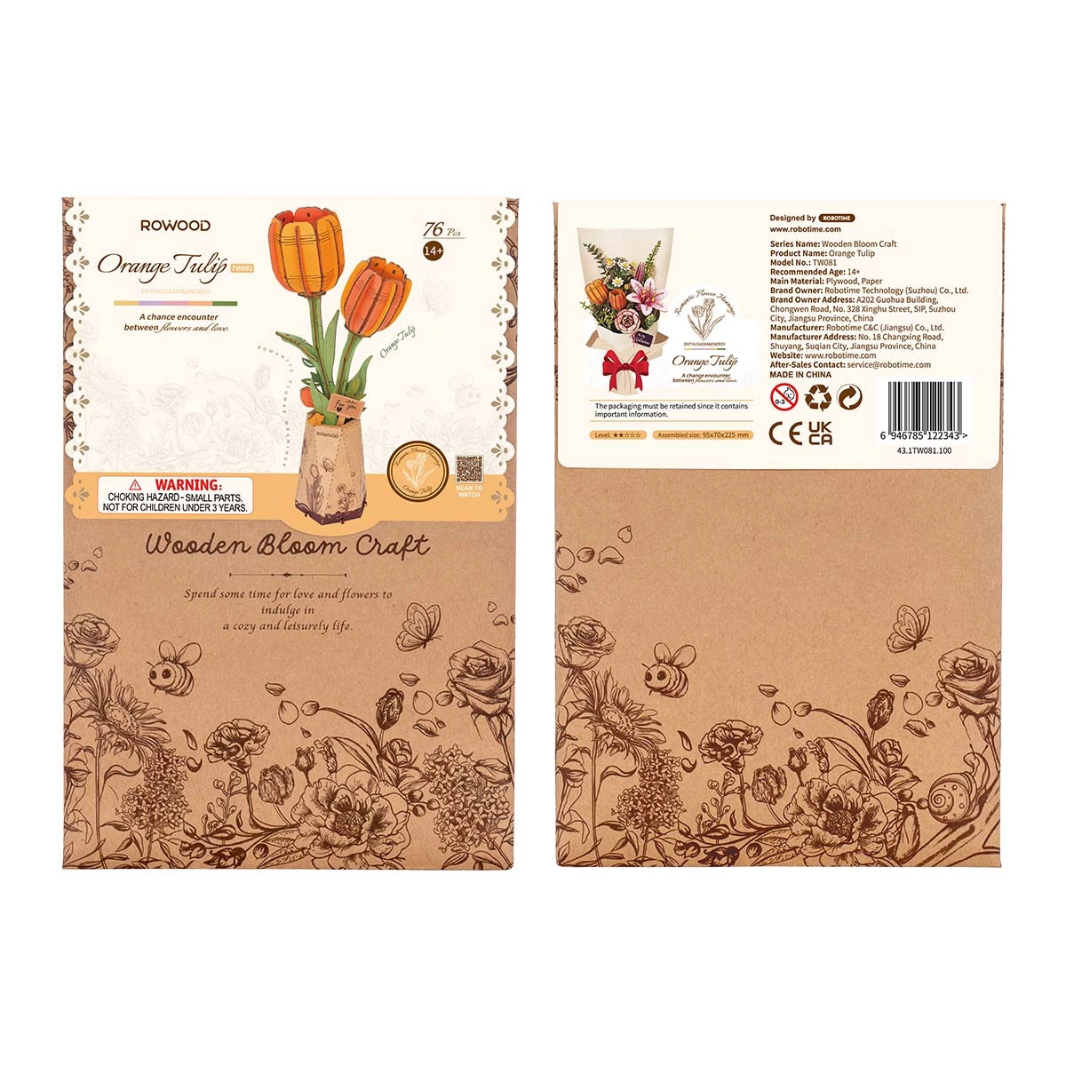 Rowood DIY Wooden Flower Bouquet 3D Wooden Puzzle Orange Tulip