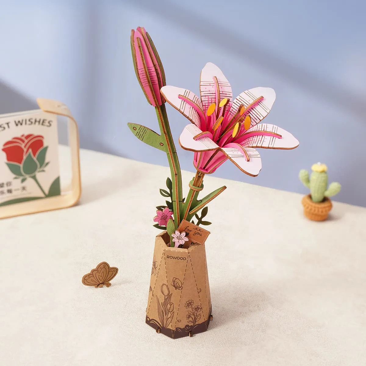 Rowood DIY Wooden Flower Bouquet 3D Wooden Puzzle Pink Lily