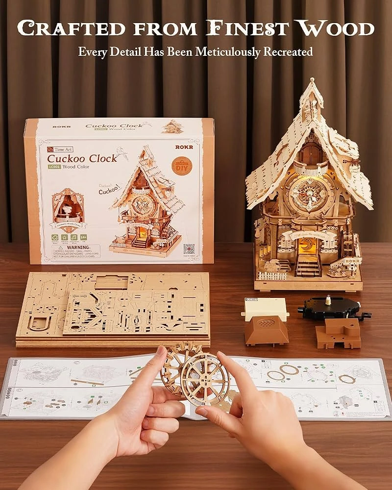 ROKR LC901 Cuckoo Clock, Natural Wood, Mechanical 3D Wooden Puzzle