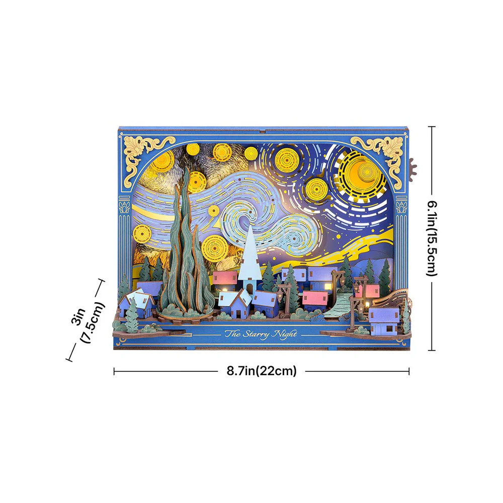 Robotime TH003 The Starry Night Wall Art DIY Miniature 3D Wooden Model Kit w/LED Lights