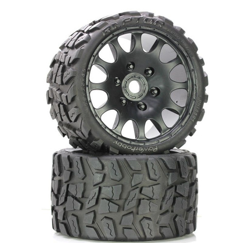 Power Hobby 1141R Raptor Belted Monster Truck Wheels/Tires (pr.), Pre-mounted, Race Soft Compound 17mm Hex