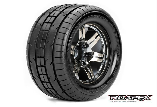 Roapex Trigger 1/10 Monster Truck Tires, Mounted on Chrome Black Wheels, 0 Offset, 12mm Hex (1 pair)