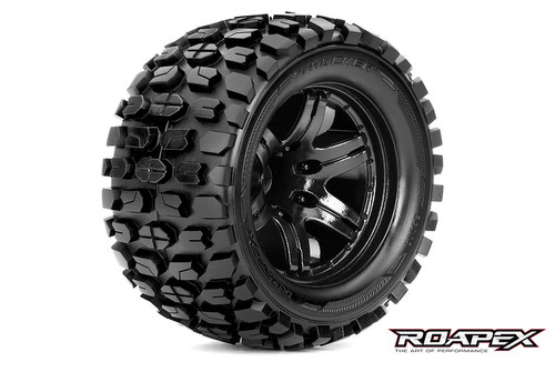 Roapex Tracker 1/10 Monster Truck Tires, Mounted on Black Wheels, 0 Offset, 12mm Hex (1 pair)