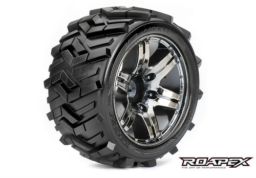 Roapex Morph 1/10 Stadium Truck Tires, Chrome Black Wheels, 1/2 Offset, 12mm Hex (1 pair)