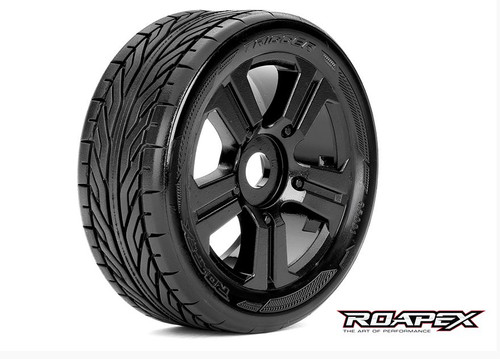 Roapex Trigger 1/8 Buggy Tires, Mounted on Black Wheels, 17mm Hex (1 pair)