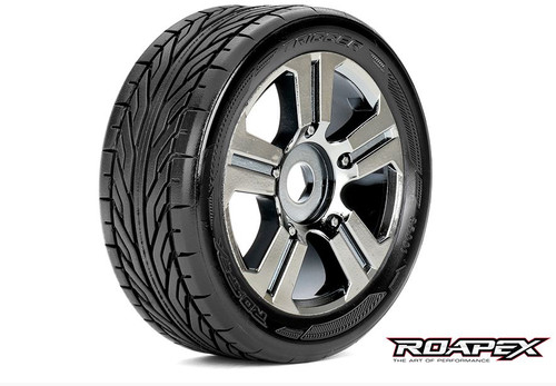 Roapex Trigger 1/8 Buggy Tires, Mounted on Chrome Black Wheels, 17mm Hex (1 pair)