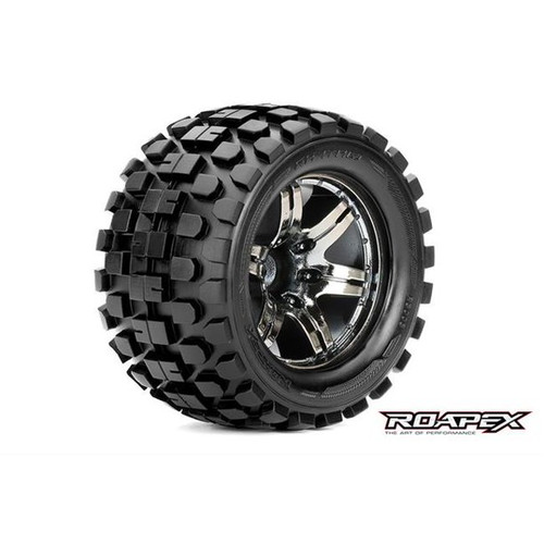 Roapex Rhythm 1/10 Monster Truck Tire, Mounted on Chrome Black Wheel with 1/2 Offset, 12mm Hex (1 pair)