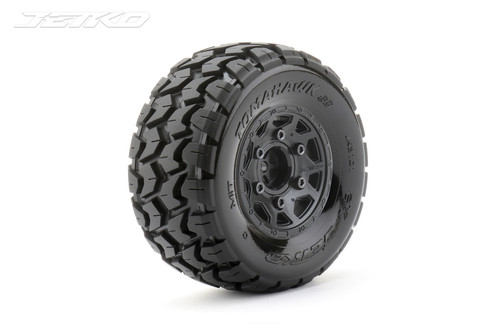 Jetko Tomahawk 1/10 SC Tires Mounted on Black Claw Rims, Medium Soft, 14mm Hex, (For Arrma) (2)