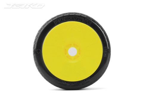 Jetko Positive 1/8 Buggy Tires Mounted on Yellow Dish Rims, Ultra Soft (2)