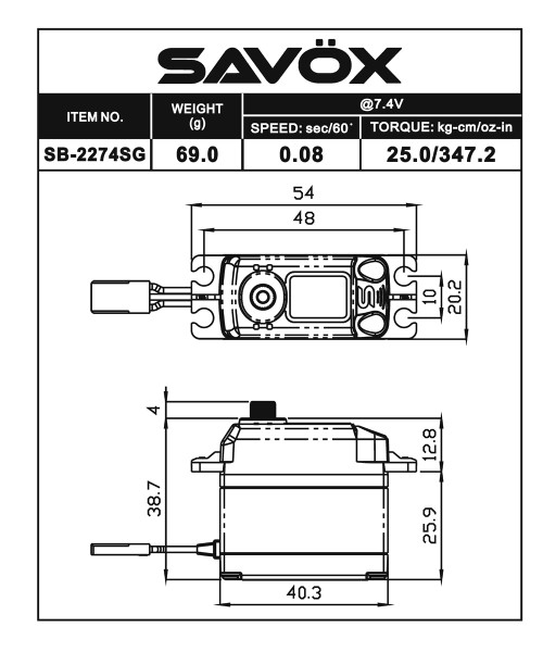 Savox Black Edition High Voltage Brushless Digital Servo 0.080sec / 347.2oz @ 7.4V