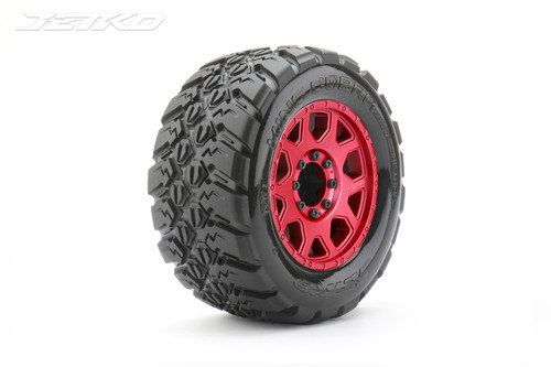 Jetko 1/8 MT 3.8 EX-King Cobra, Mounted on Red Claw Rim, Medium Soft, Belted, Glued, 17mm 0" Offset