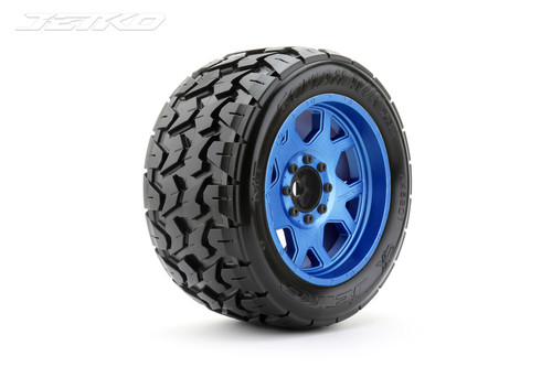 Jetko 1/5 XMT EX-Tomahawk Tires Mounted on  Blue Claw Rims, Medium Soft, Belted, 24mm, for Traxxas X-maxx