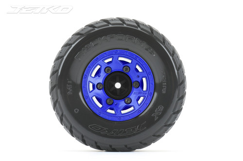 Jetko 1/10 SC EX-Rockform Tires Mounted on Metal Blue Claw Rims, Medium Soft, Glued, 12mm 1/2 Offset