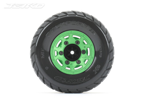 Jetko 1/10 SC EX-Rockform Tires Mounted on Metal Green Claw Rims, Medium Soft, Glued, 12mm 0" Offset Narrow