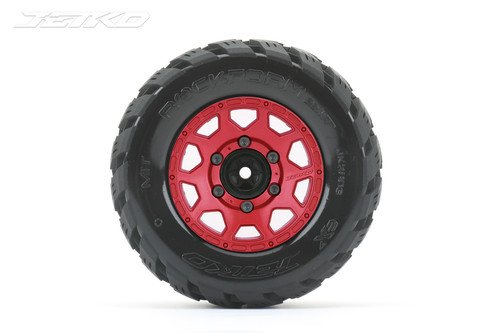 Jetko 1/10 MT 2.8 EX-Rockform Tires Mounted on Red Claw Rims, Medium Soft, Glued, 12mm 0" Offset