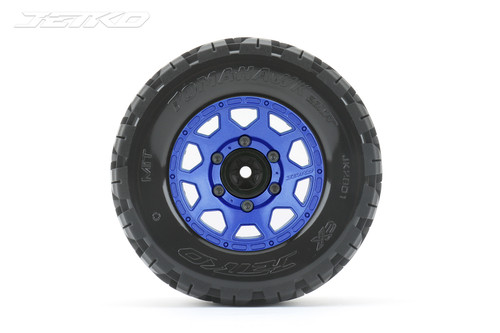 Jetko 1/10 MT 2.8 EX-Tomahawk Tires Mounted on Blue Claw Rims, Medium Soft, Glued, 17mm for Pro-MT