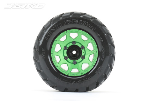 Jetko 1/10 MT 2.8 EX-King Cobra Tires Mounted on Green Claw Rims, Medium Soft, Glued, 12mm 0" Offset