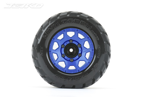 Jetko 1/10 MT 2.8 EX-King Cobra Tires Mounted on Blue Claw Rims, Medium Soft, Glued, 12mm 1/2" Offset
