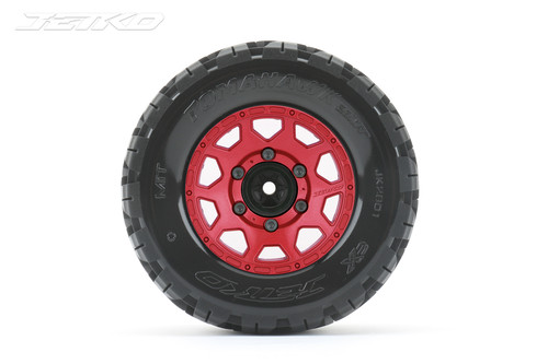 Jetko 1/10 MT 2.8 EX-Tomahawk Tires Mounted on Red Claw Rims, Medium Soft, Glued, 12mm 0" Offset