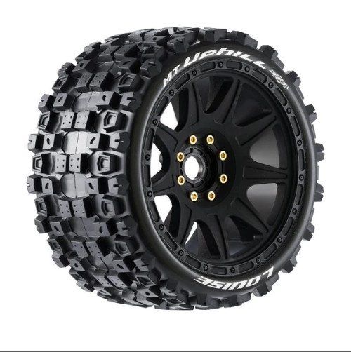 MT-Uphill Speed 1/8 Monster Truck Tires, 0 & 1/2 Offset, 17mm Removable Hex on Black Rim, Soft (2)