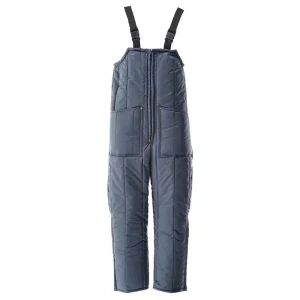 Navy insulated cooler bib overalls with adjustable suspenders and front pockets, front view