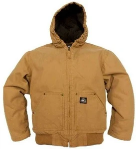Brown toddler insulated duck jacket with hood, front view